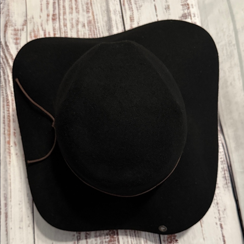 PETER GRIMM Black Wide Brim Wool Fedora Hat with Brown Leather Cord - Picture 13 of 15